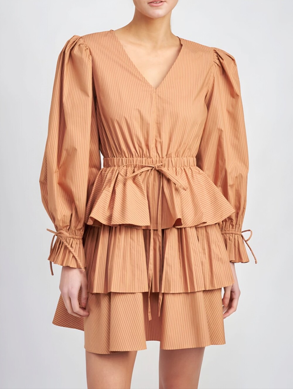 En Saison Orange Tan Striped Layered Ruffle Long Sleeve Dress, M